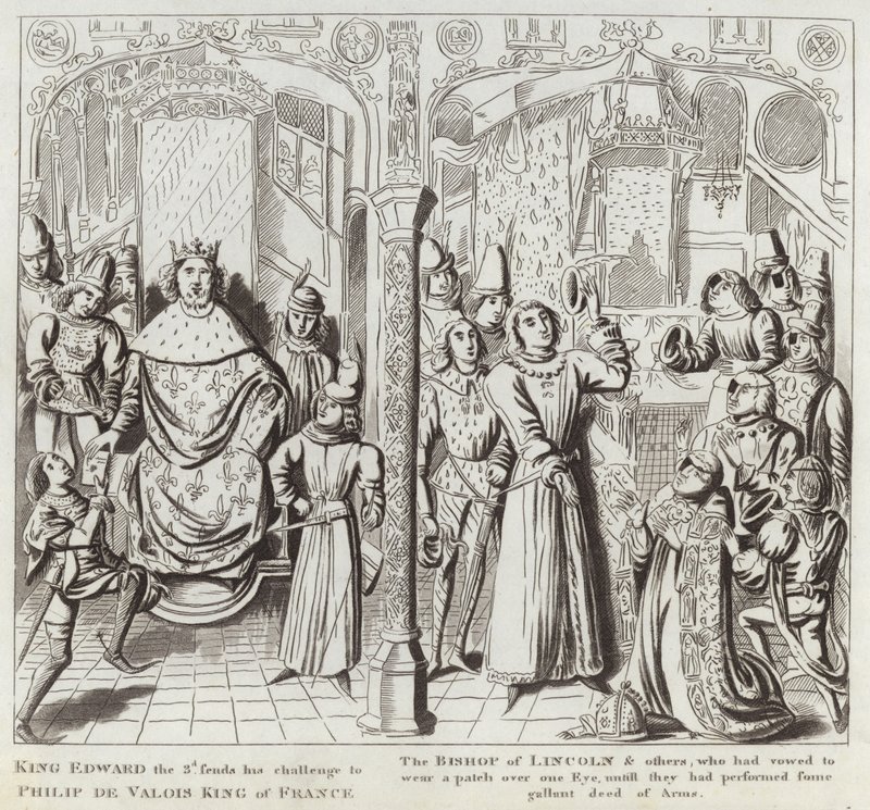 Král Edward Třetí posílá svou výzvu Filipu de Valois, králi Francie, biskupovi z Lincolnu a dalším, kteří se zavázali nosit nášivku přes jedno oko, dokud neprovedou nějaký Galluntský čin A. od English School