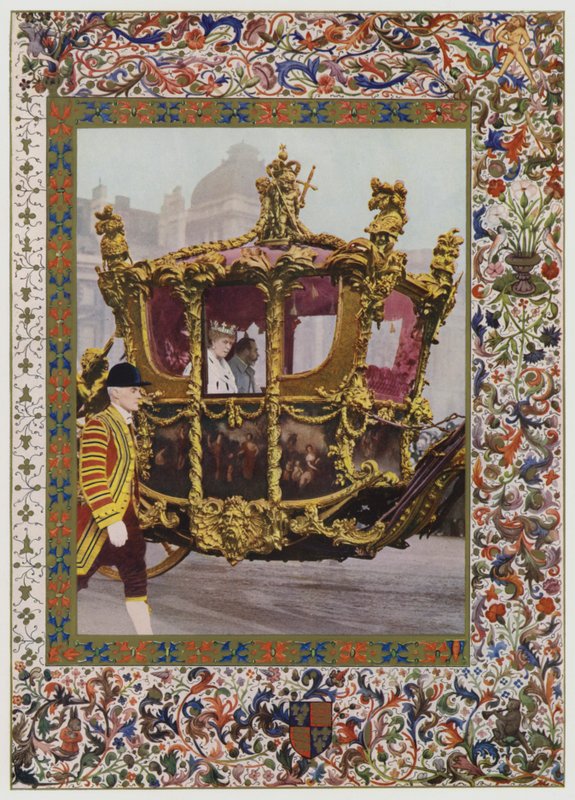 King George V a Queen Mary na koni ve State Coach (barva litho) od English School