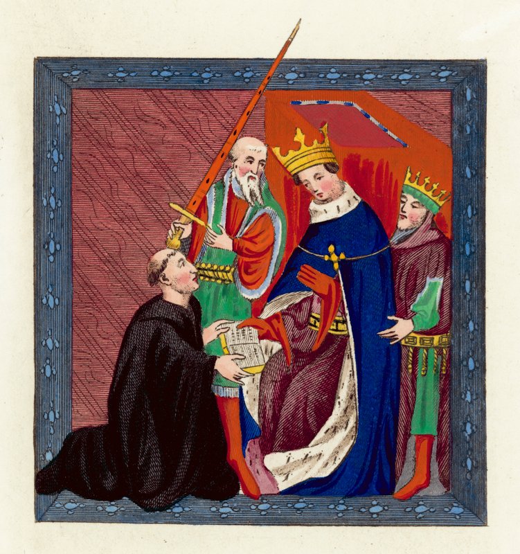 King Henry VI a John Lydgate (barevná rytina) od English School