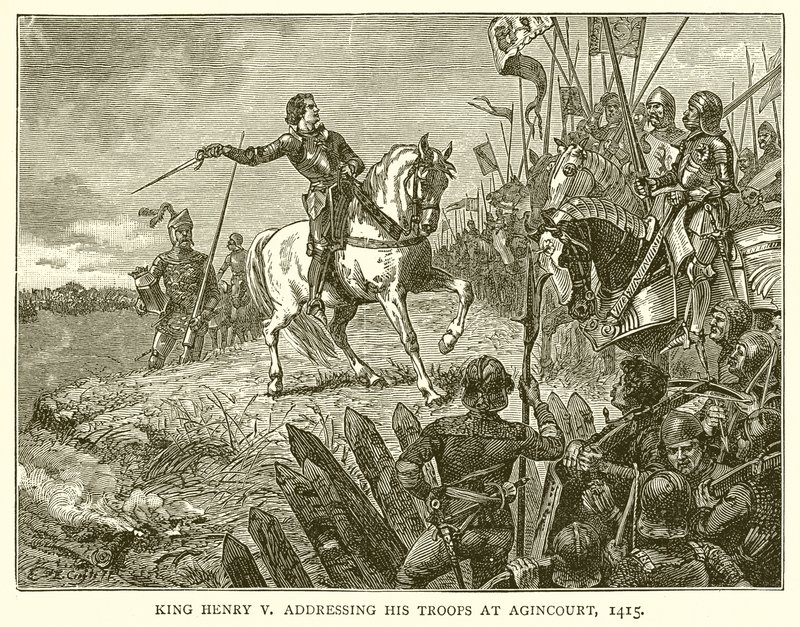 Král Jindřich V. promluvil ke svým vojskům v Agincourtu, 1415 od English School