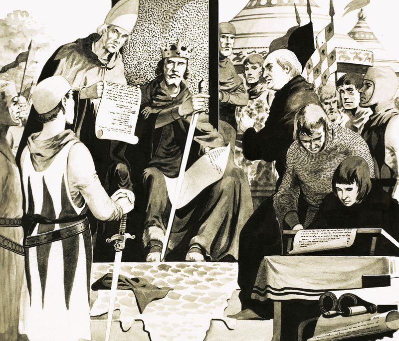 Král John se připravuje na podpis Magna Charta v Runnymede od English School