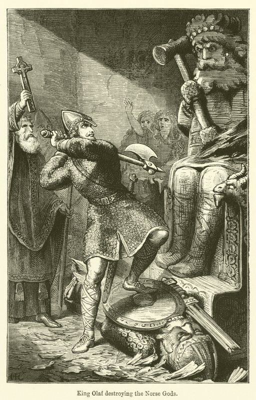 Král Olaf ničící severské bohy (rytina) od English School