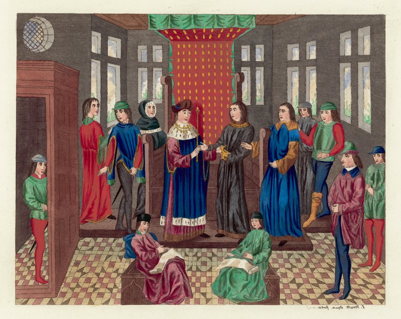 Král Richard II rezignuje na svou korunu a stát (barevná rytina) od English School