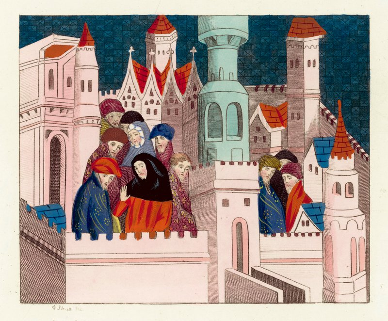 Král Richard II se svými přáteli v Conway (barevná rytina) od English School
