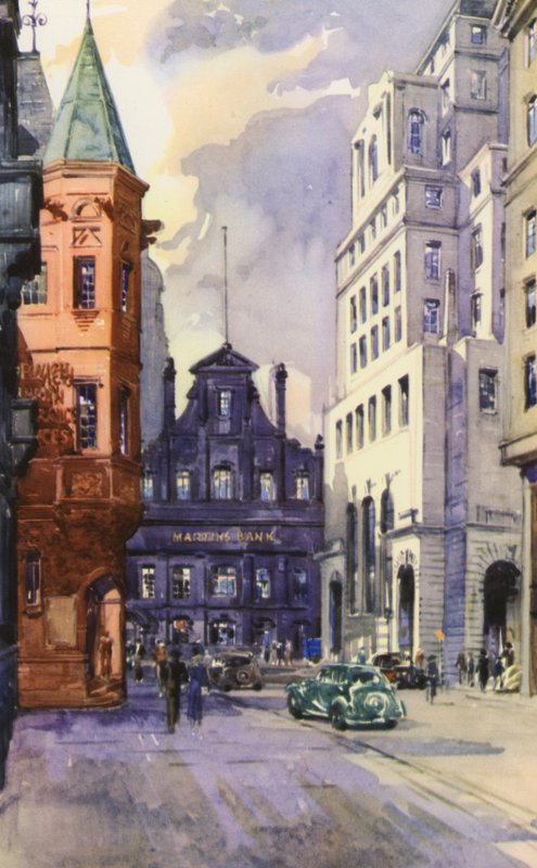 King Street, Manchester, finanční centrum města (barevné lito) od English School