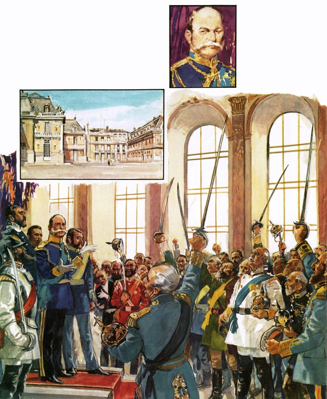 Pruský král Vilém ohlašující v paláci ve Versailles vznik sjednocené německé říše od English School