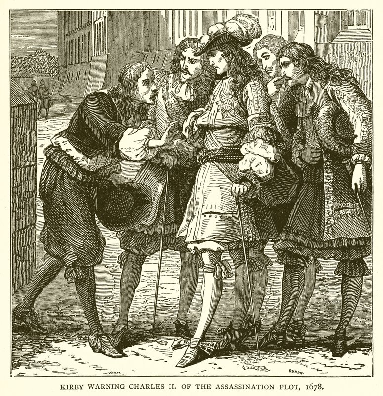 Kirby varuje Karla II před spiknutím atentátu, 1678 od English School