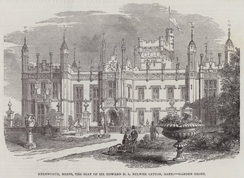 Knebworth, Herts, sídlo sira Edwarda E L Bulwer Lytton, Baronet, Garden Front (rytina) od English School