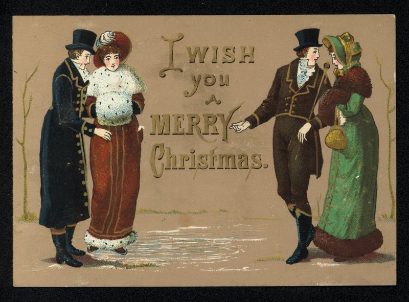 Dámy a pánové v zimním oblečení, vánoční přání. (chromolitho) od English School