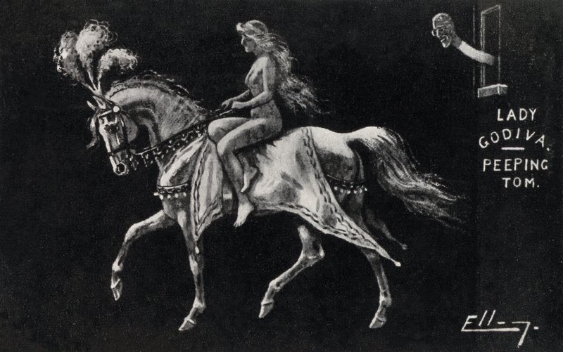 Lady Godiva jedoucí nahá na koni ulicemi Coventry, sledovaná Peeping Tom (litho) od English School