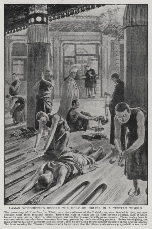 Lamové uctívající před Nejsvětějším v tibetském chrámu (litho) od English School