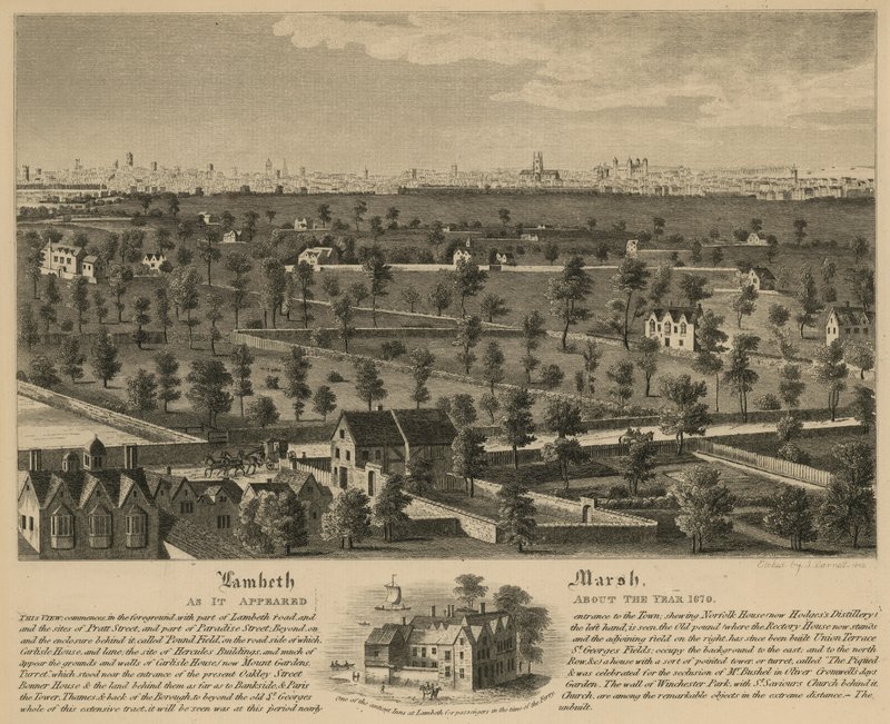 Lambeth Marsh, jak to vypadalo kolem roku 1670 od English School