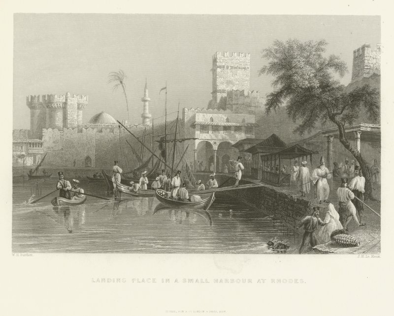 Místo přistání v malém přístavu na Rhodosu, 1837 od English School