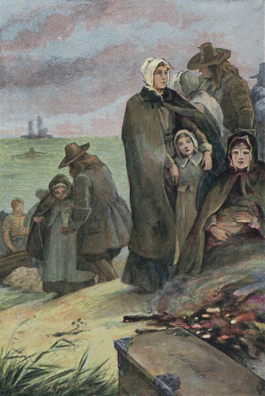 Přistání Otců poutníků v Americe po jejich plavbě na palubě Mayflower, 1620 od English School