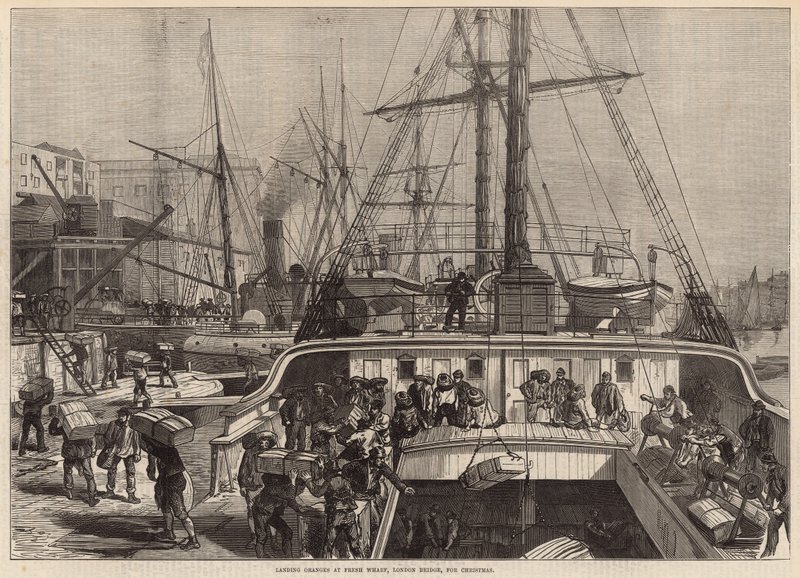 Přistání pomerančů ve Fresh Wharf, London Bridge, na Vánoce od English School