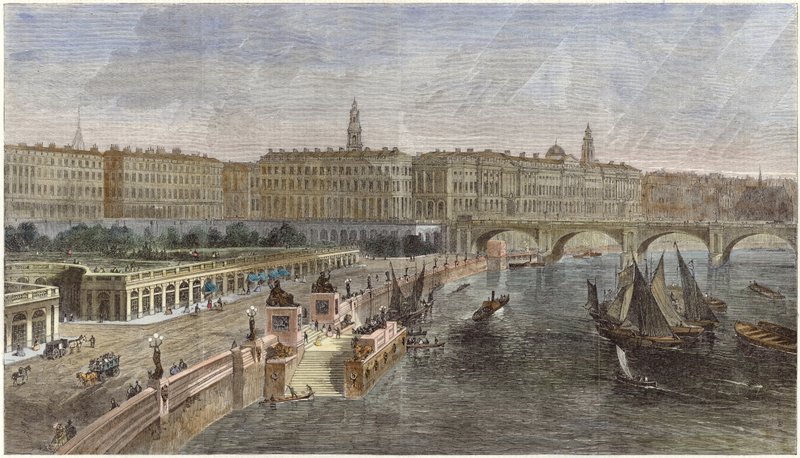 Přistávací schody a okrasné zahrady mezi mosty Hungerford a Waterloo od English School