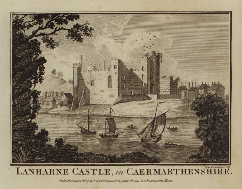 Hrad Lanharne, v Caermarthenshire (rytina) od English School