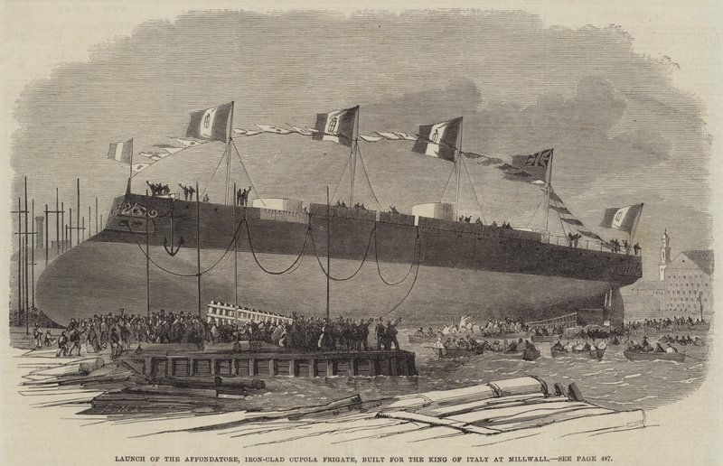 Uvedení Afondatore, železné kupolové fregaty, postavené pro italského krále v Millwallu, 1865 od English School