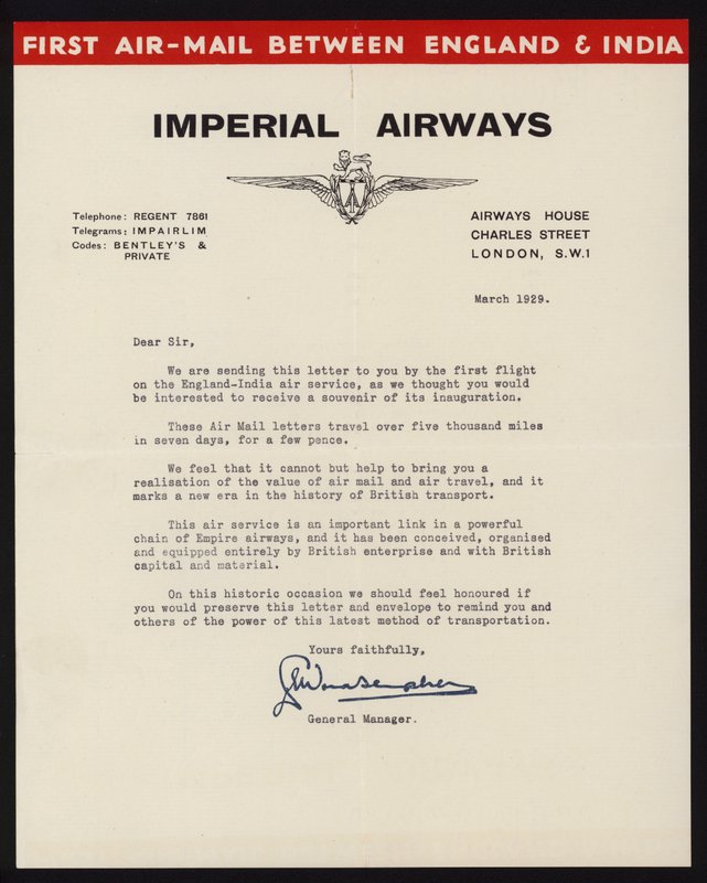 Zahájení první letecké poštovní služby mezi Anglií a Indií společností Imperial Airways v březnu 1929 (litho) od English School