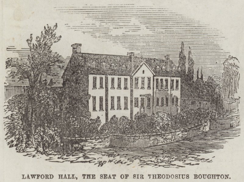 Lawford Hall, sídlo sira Theodosia Boughtona (rytina) od English School