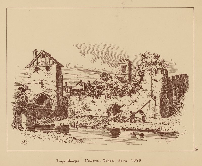 Layerthorpe Postern, stržena 1829 (litografie) od English School