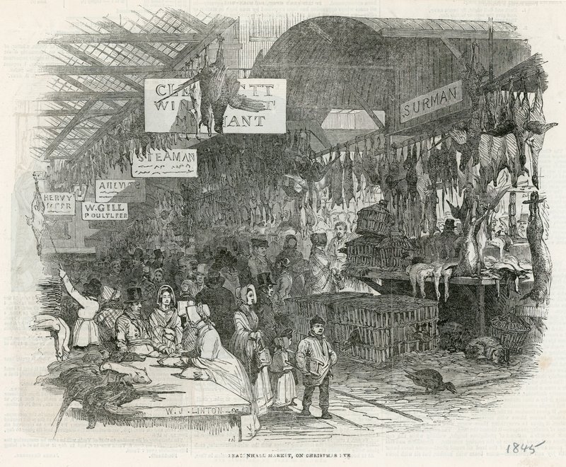 Leadenhall Market na Štědrý den roku 1845 od English School