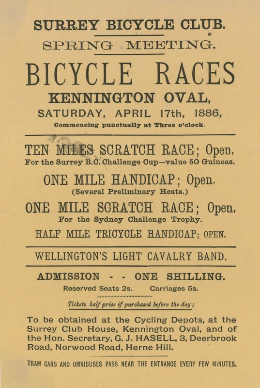 Leták inzerující cyklistické závody na Kennington Oval, 17. dubna 1886 od English School