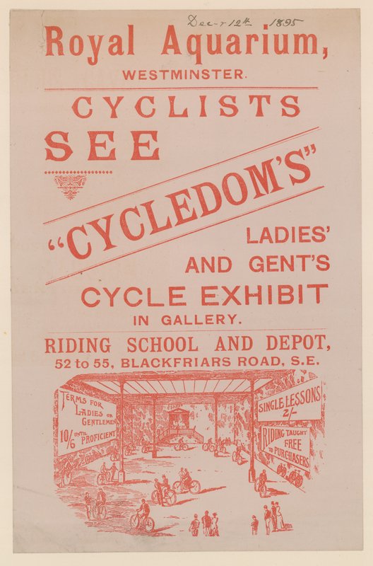Leták propagující výstavu cyklistických cyklů Cycledoms Ladies and Gents v Royal Aquarium od English School