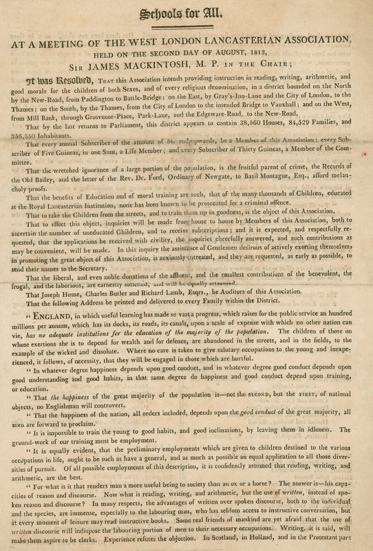 Leták vysvětlující rozhodnutí West London Lancasterian Association začít poskytovat dětem výuku, srpen 1813 od English School
