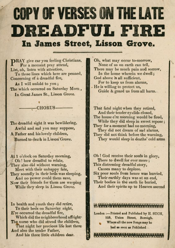 Leták s verši týkajícími se požáru v James Street, Lisson Grove, Londýn od English School
