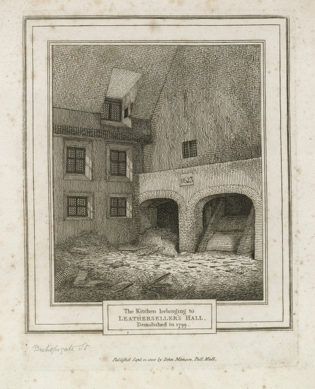 Leathersellers Hall, Bishopsgate Street. Zbořen 1799 od English School