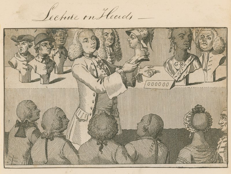 Přednáška o hlavách, v Long Room, naproti Sadlers Wells, dne 20. června 1765 od English School