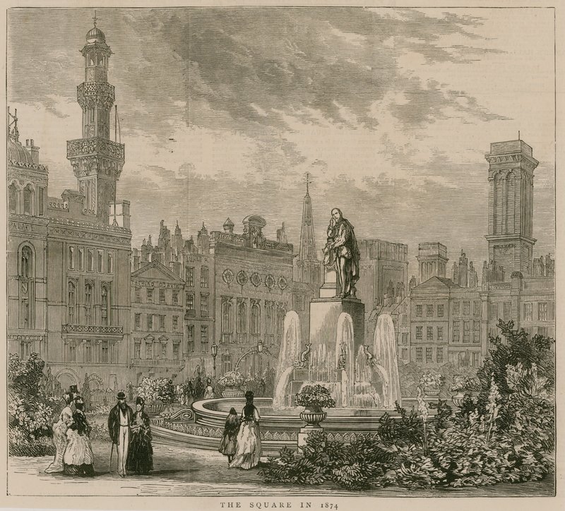 Leicester Square, Londýn, v roce 1874 od English School