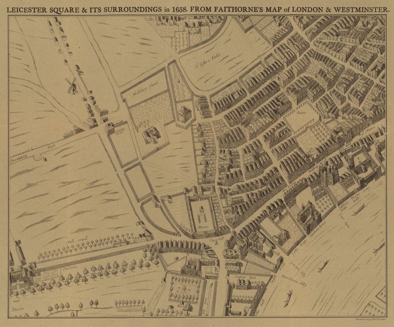 Leicester Square a jeho okolí v roce 1658 od English School
