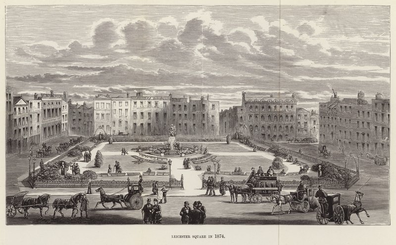 Leicester Square v roce 1874 od English School