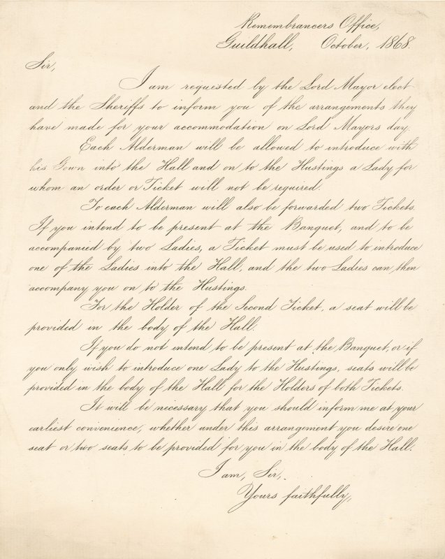 Dopis s podrobnostmi o uspořádání banketu v Guildhall v Londýně dne 9. listopadu 1868 od English School