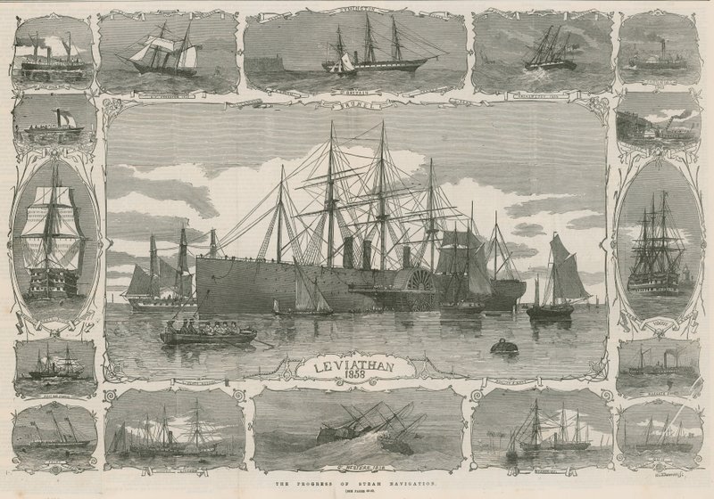 Leviatan 1858; sestřih obrázků ukazujících průběh parní navigace od English School