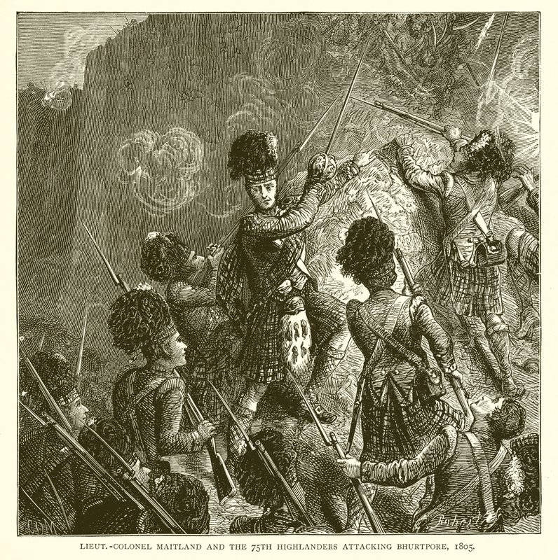 Podplukovník Maitland a 75. Highlanders útočící na Bhurtpore, 1805 od English School