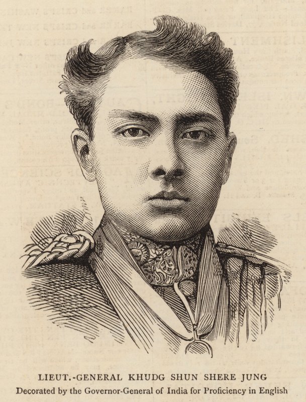 Generálporučík Khudg Shun Shere Jung (rytina) od English School