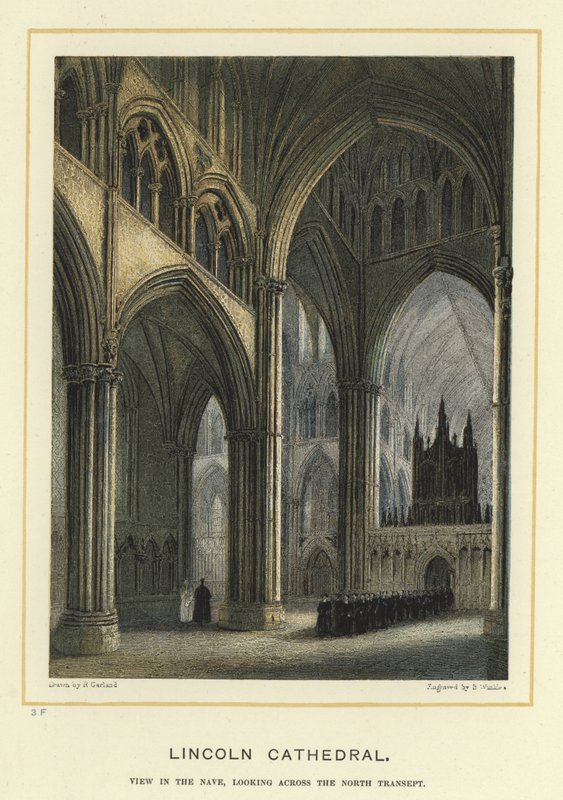 Lincolnská katedrála, pohled v hlavní lodi, pohled přes severní transept od English School