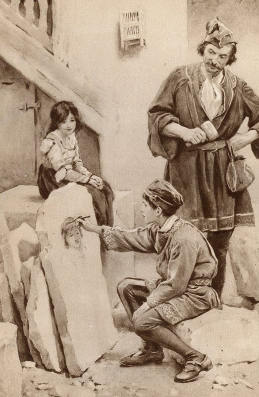 Malý Michael Angelo kreslí portrét (barevně lito) od English School