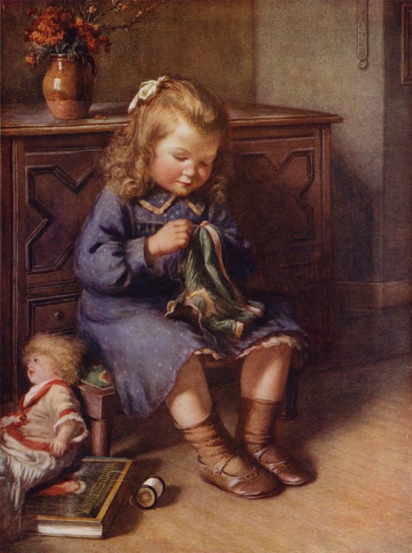 Holčička šije oblečení pro svou panenku (barva litho) od English School