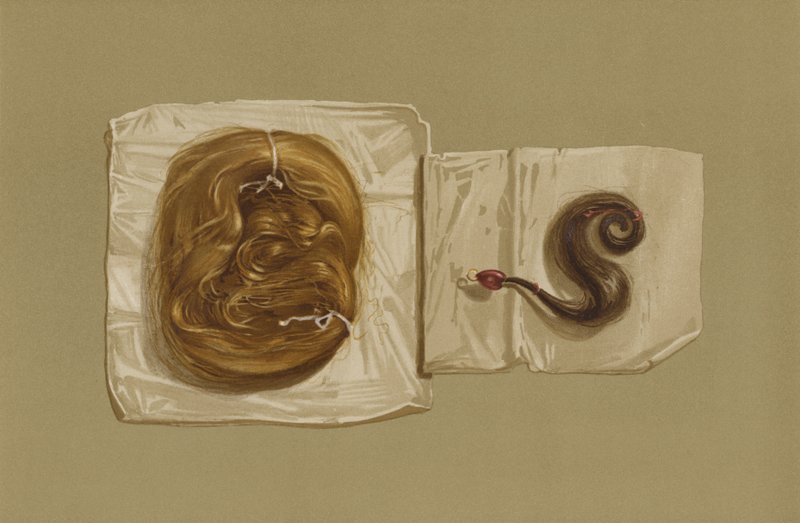 Vlasový pramen skotské královny Marie, pramen vlasů krále Karla I. (chromolitho) od English School