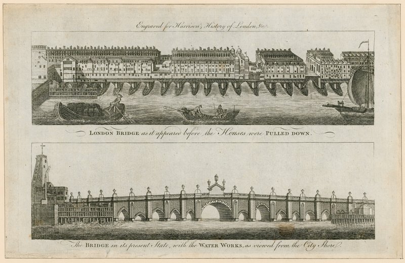 London Bridge předtím, než byly domy strženy, a v současném stavu od English School