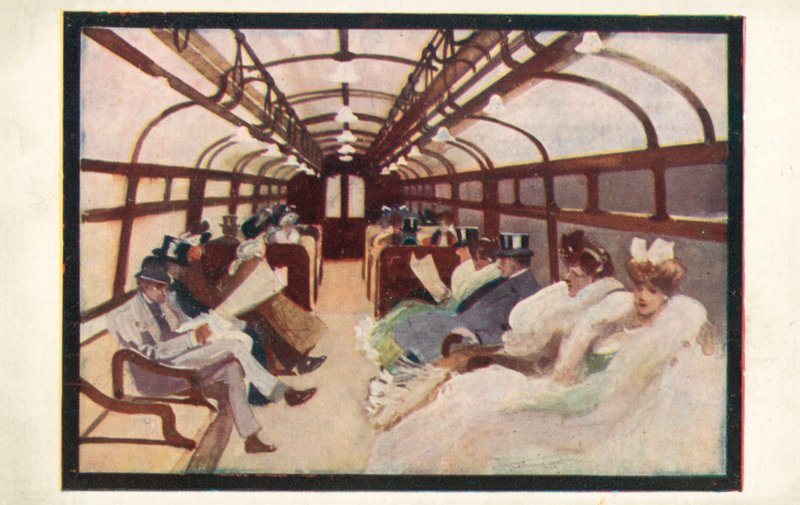 Cestující londýnského metra na linkách Bakerloo a Piccadilly (barevná litografie) od English School