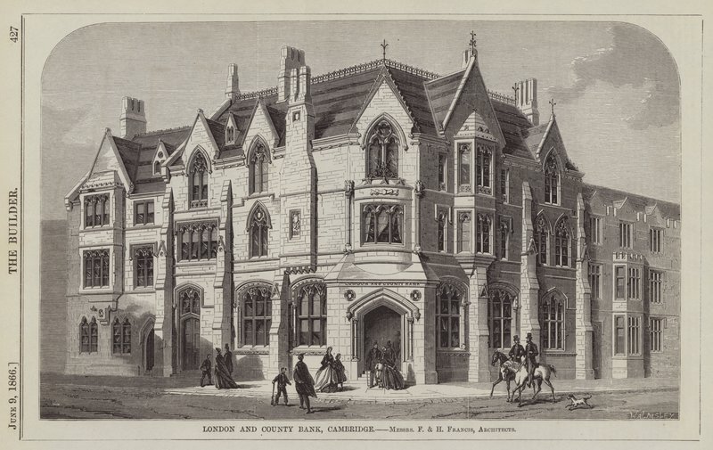 London and County Bank, Cambridge, pánové F a H Francis, architekti (rytina) od English School
