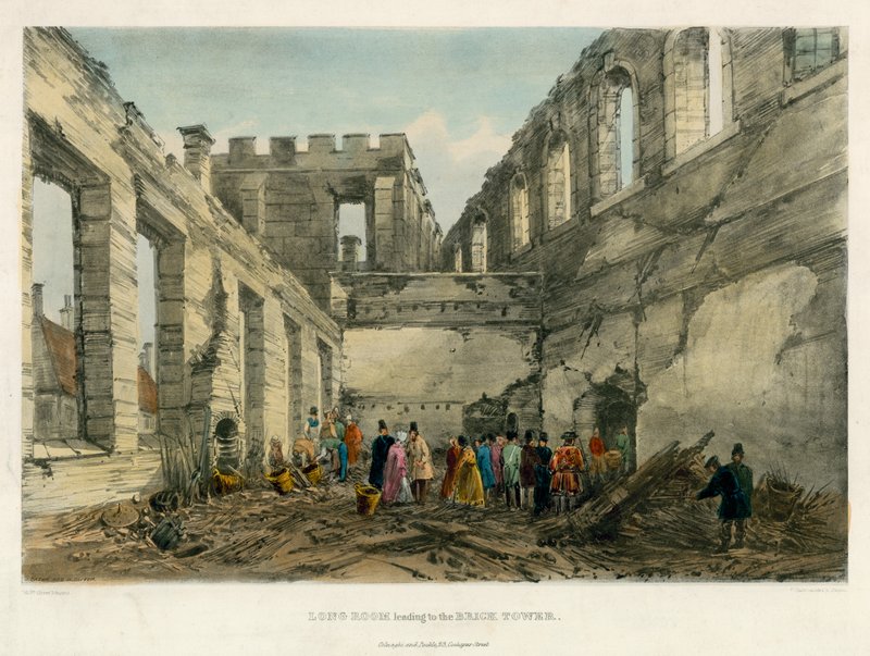 Dlouhá místnost vedoucí do Brick Tower, požár londýnského Toweru, 1841 od English School