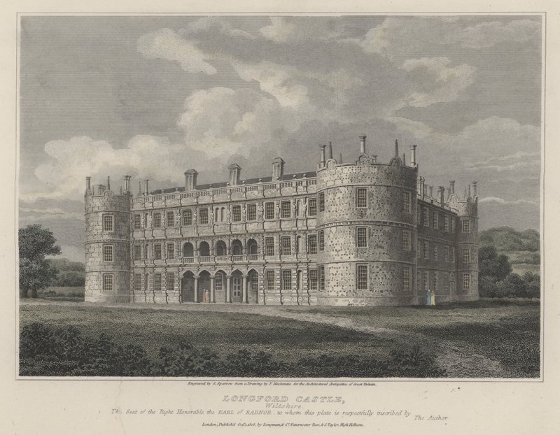 Longford Castle, Wiltshire, sídlo hraběte z Radnoru (barevná rytina) od English School