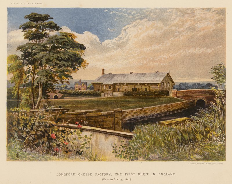 Longfordská sýrárna, první postavená v Anglii, otevřená 4. května 1870 (barevná litografie) od English School
