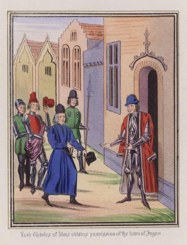 Lord Charles Of Blois získává do vlastnictví město Jugon (barevná rytina) od English School